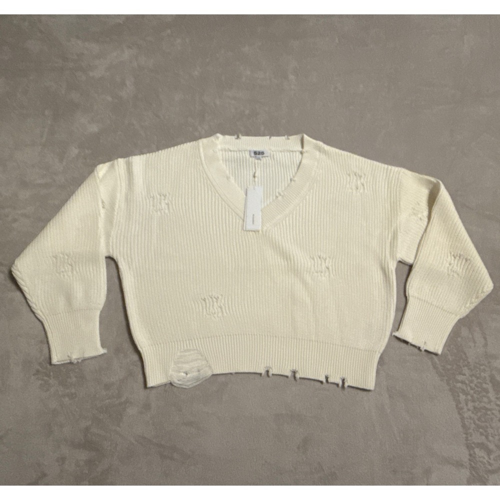 525 America Distressed Shaker V-Neck Sweater in Chalk Size Large‎ NWT